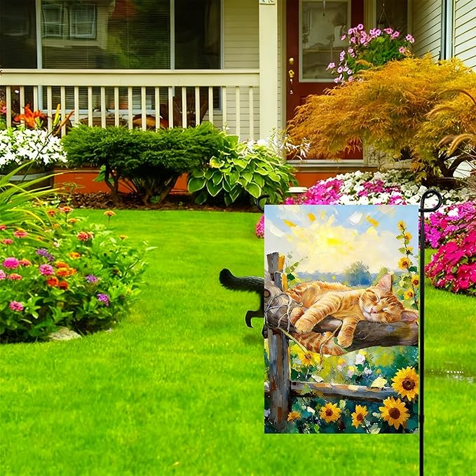 Spring Summer Garden Flag 12x18 inches Double Sided Sleeping Orange Tabby Cat Banner for Porch Yard Patio Spring Summer Home Decorations
