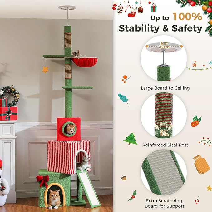 PETEPELA 83-108'' Floor to Ceiling Christmas Cat Tree for Large Indoor Cats, Tall Cat Tower with Adjustable Height with 3 Large Cat Condos, Cozy Hammock, Scratching Posts, Green/Red