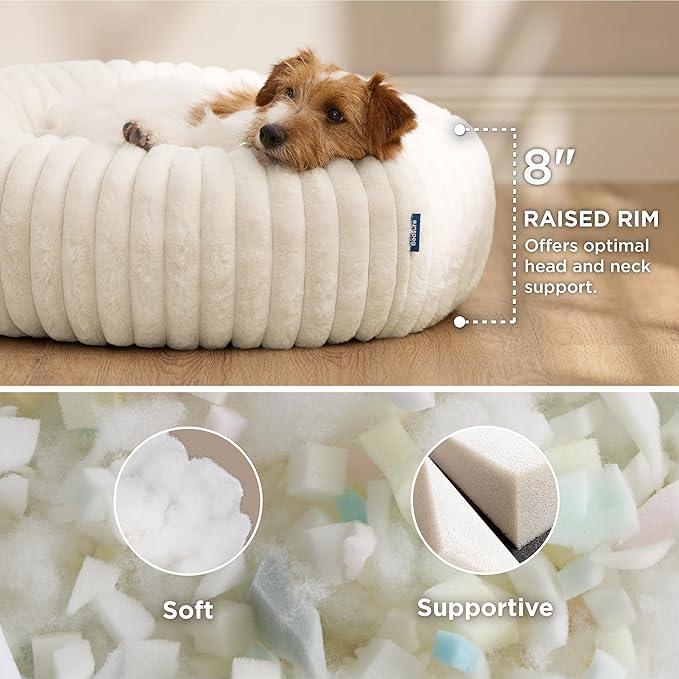 Bedsure ComfyFleece™ Donut Small Dog Bed - Dog Beds for Small Dogs with Corduroy Fleece & Anti Slip Bottom, Round Faux Fur Pet Beds with Washable Removable Cover, Cream, 27x27x8 inches