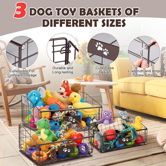 Mimorou 3 Pack Metal Dog Toy Baskets Multi-sized Foldable Dog Toy Bins Box Storage Container Organizer for Living Room Area Decorative Pet Accessories Coat Clothing Storage Holder Baskets(Bronze)