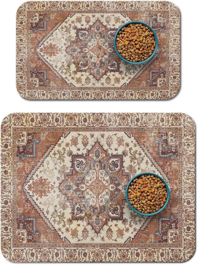 2 Pack Dog Food Mats for Floors, Absorbent and Quick-Drying Pet Cat Food Mat,Anti-Fouling and Easy-to-Clean Pet Feeding Mat,Dog Bowl Mat for Messy Drinking Water Bowls.12 x20+18"x24", Bohemia Style