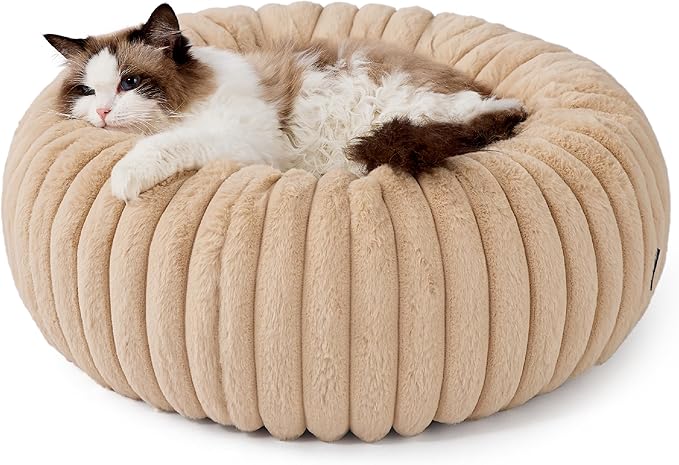Bedsure ComfyFleece™ Cat beds for Indoor Cats - Donut Dog Beds for Small Dogs with Corduroy Fleece & Anti Slip Bottom, Faux Fur Pet Beds with Washable Removable Cover, Sandy Beige, 20x20x6 inches