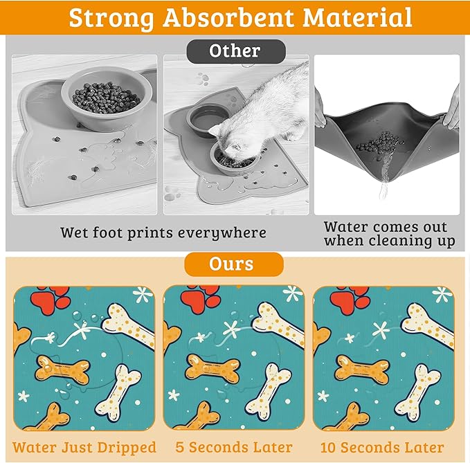 Dog Paws Cat Food Mat,Bones Absorbent Pet Feeding Mat for Food and Water Bowl,Quick Dry Dog Placemat Non Slip Rubber Backing Waterproof Pet Supplies 12" x 20"