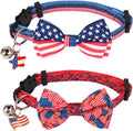 ADOGGYGO American Flag Cat Collars with Bow Bell, Breakaway Pet Bowtie Collar Red Blue Star Flag 4th of July Collars for Girl Boy Cats Kittens