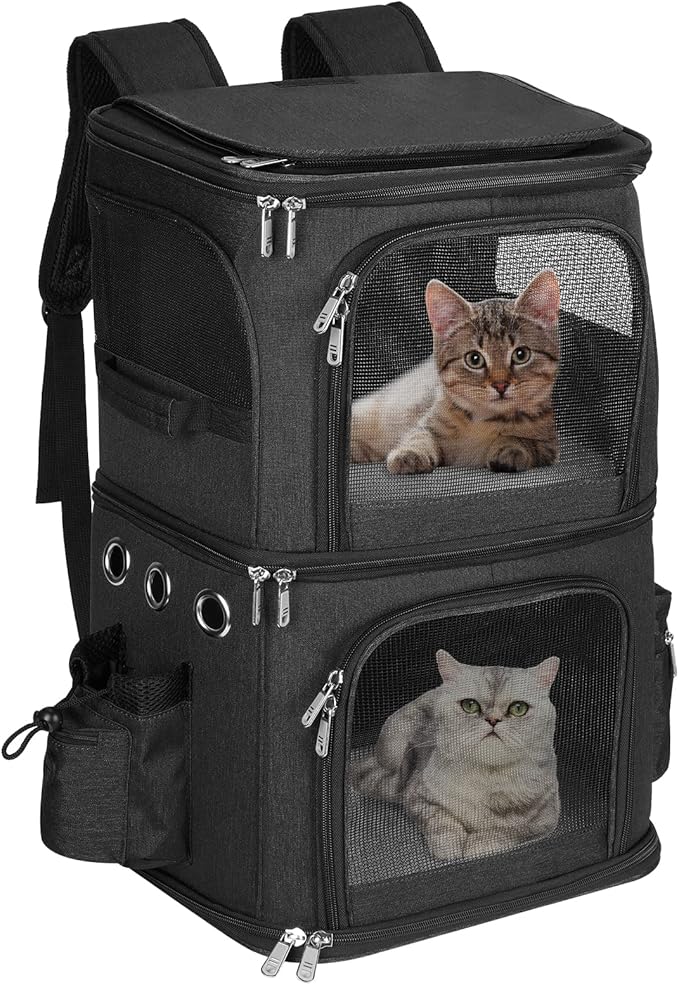 Double-Compartment Pet Carrier Backpack for 2 Cats or Small Dogs, Dual Travel Dog Cat Carrier wih Breathable Mesh Windows, Fits Pets up to 20 lbs, Perfect for Traveling/Hiking/Camping, Black
