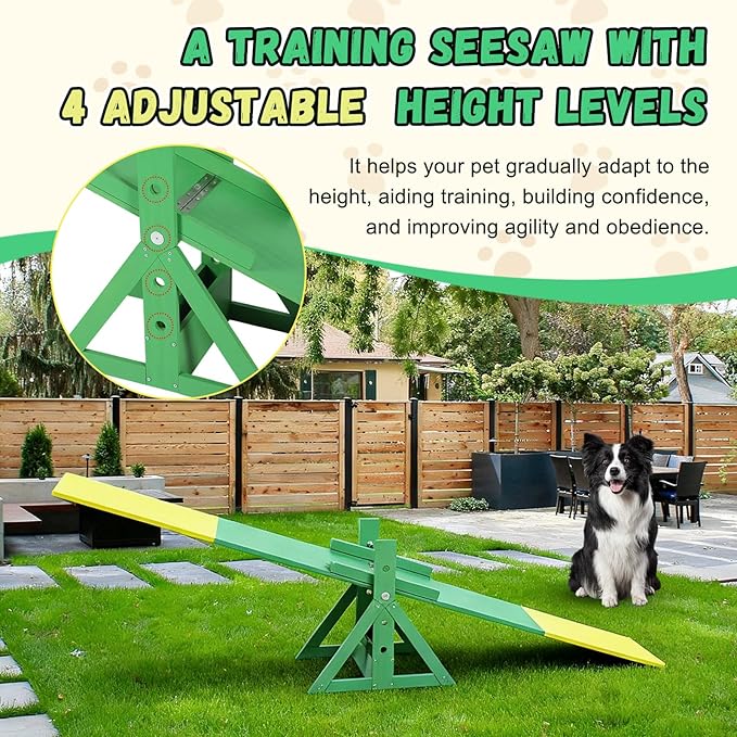 94.5" Adjustable Dog Agility Seesaw 4-Level Height Training Teeter for Small to Large Dogs Sturdy Wooden Dog Agility Equipment with Non-Slip Surface for Backyard Exercise Confidence Course (Seesaw)