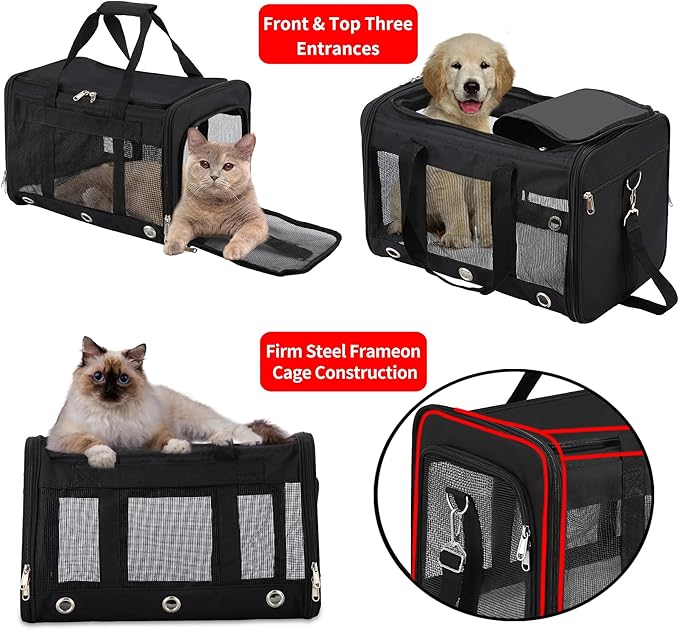 Soft Sided Cat/Dog Carrier,Collapsible Pets Travel Carriers for Pet/Puppy with Shoulder Strap & Removable Mat,Mesh Top Load Small Dogs/Cats Carry Bag Up to 17 Lbs TSA Airline Approved（Black,M）