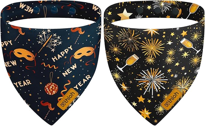 Happy New Year Dog Bandanas with Snap Button, 2 Pack Adjustable Bandanas for Small, Medium, and Large Dogs, Pet Scarf for Holiday Costume Accessory & Photo Shoot (Small)