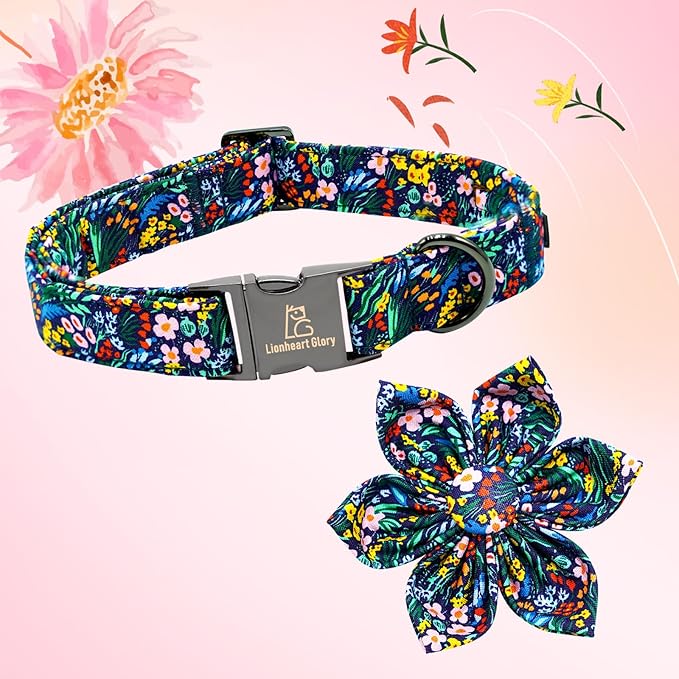 Lionheart glory Dog Collar Darkblue Flower Dog Bow Collars Floral Dog Collar with Flower Male or Female Spring Fall Pet Gift Durable Adjustable Dog Collar for Medium Dogs, B:Garden
