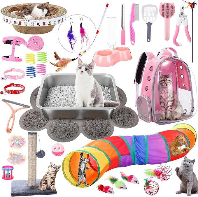 31 Pcs Kitten Supplies Starter Kit Kitten Essentials Starter Kit Include Stainless Steel Cats Litter Box Backpack Cat Scratcher Kitten Toys Accessories for Kitten Welcome Gift Supplies