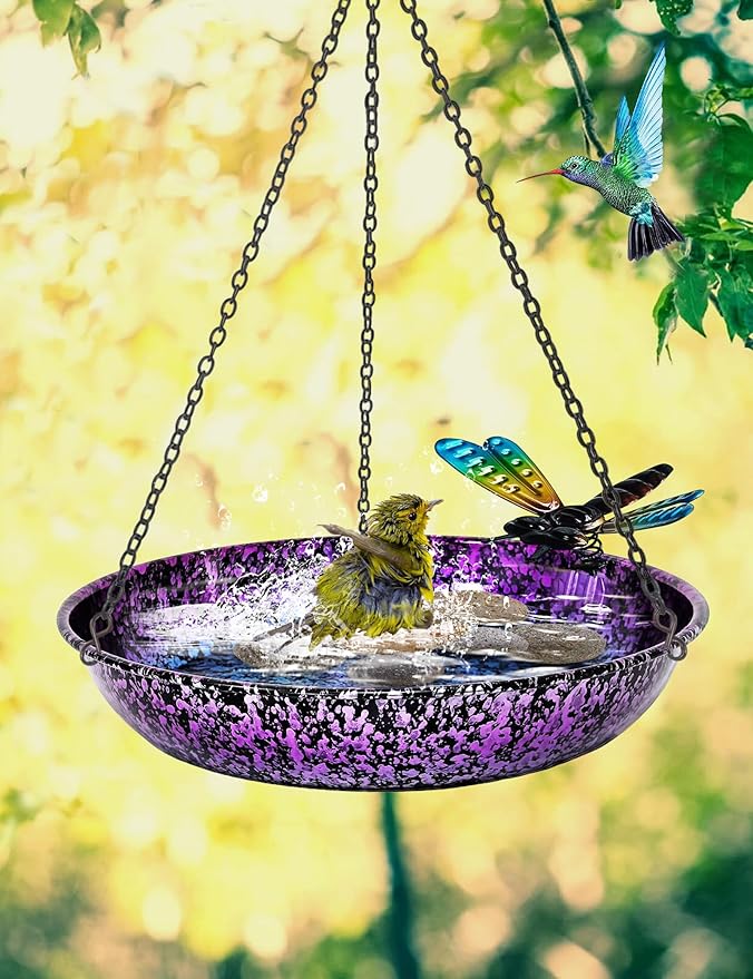 Hanging Bird Bath for Outdoor 11 Inch Colorful Purple&Blue Metal Bird Feeder Birdbath Bowl Mounted Rust-Proof Black Chain Metal Dragonfly Yard Art Garden Decor