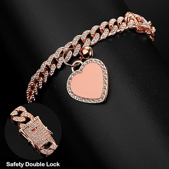 Hillban Dog Chain Gold-Plated Diamond Collar with Heart Rhinestones Jewelry Pet ID Tag Chain Bling Puppy Collar with Personalized Name Tag for Small Medium Large Dog Cat(Rose Gold,10 Inch)