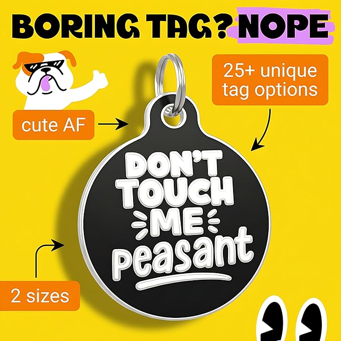 Bad Tags Personalized Dog and Cat ID Tags in 25+ Designs and 2 Sizes - 5 Lines of Custom Engraved Text - Funny Cute Personalized Pet Tags (Don't Touch Me Peasant, Large (1.25 inch))