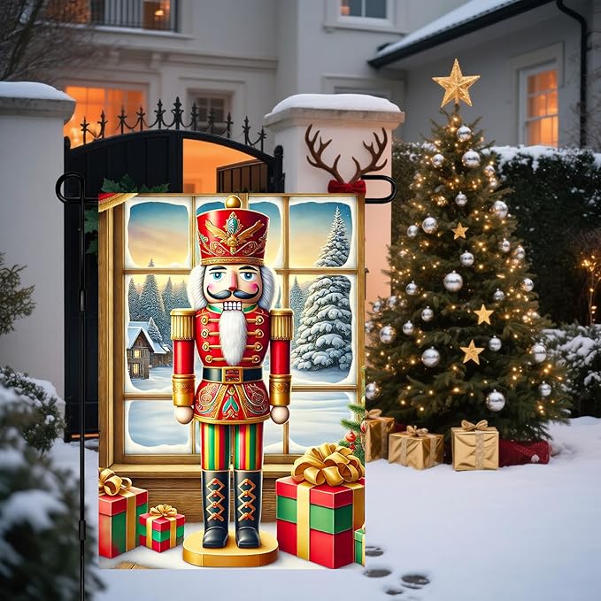 Christmas Garden Flag 12x18 Inch Nutcracker Soldier Decor Gift Box Snowy Pine Cottage Winter Forest Red Green Gold Classic Holiday Yard Lawn Outdoor Fence Decoration Tree Ornament Display