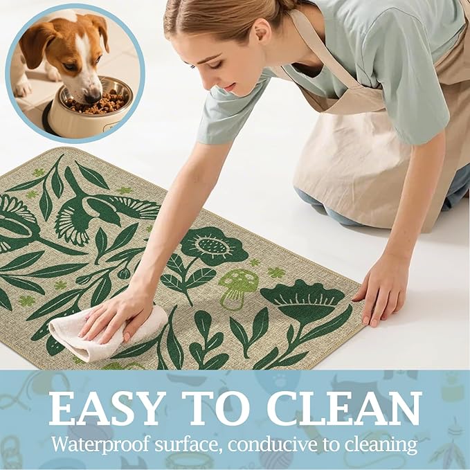 SHIYUE Dog Food Mats for Floors, Absorbent Cat Bowl for Food and Water, Non-Slip Accessories Pet Supplies(17"x30",Green Flower Bird)