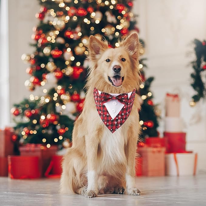 ADOGGYGO Christmas Dog Tuxedo Bandana, Red Plaid Pet Chritstmas Tux with Bowtie Adjustable Christmas Formal Costume for Extra Large Dogs Pets (XL)