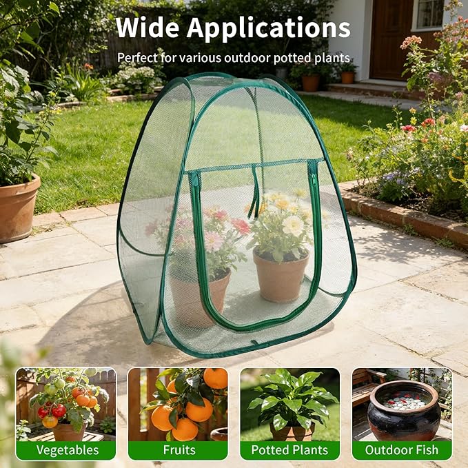 1PC Mesh Plant Protector Tent from Animals, 28X28X32Inch Pop Up Garden Netting Cover Large Green Crop Cage Plant Protection Tent to Protect Outdoor Potted Plants Flowers Fruits from Deer Birds Cat