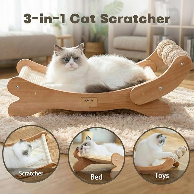 Sisal Cat Scratcher Bed with 3 Toy Balls for Indoor Cats, Durable Wooden 3-in-1 Hammock Lounge & Scratch Pad - Modern Furniture for Large Cats, Scratching Post Lounger