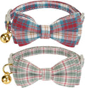 2 Pack Soft Cotton Cat Collars with Bowtie and Bell Breakaway Plaid Cat Kitten Collar(Red and Green)