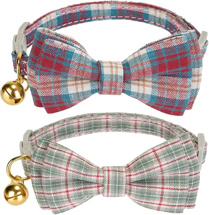 2 Pack Soft Cotton Cat Collars with Bowtie and Bell Breakaway Plaid Cat Kitten Collar(Red and Green)