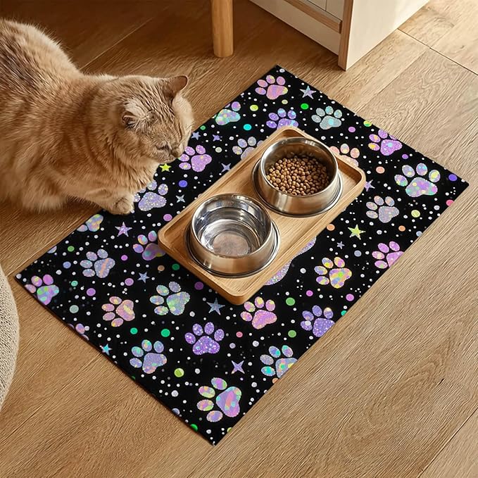 Pet Feedings Mats 20x12 inch Glitter Paw Print Pet Bowl Placemat Non Slip Mat for Cats and Dog Food and Water Indoor Feeding Station Cute Pet Meal Mat for Small Pets Kitchen Floor Use