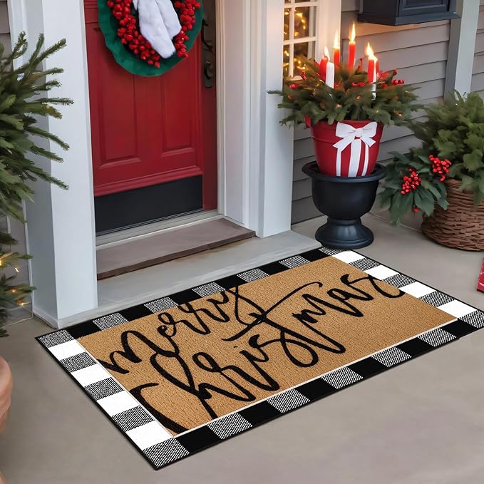 Tinideya 2 Pcs Door Mat Welcome Non Slip Coir Mats Floor Layering Doormats Seasonal for Front Porch Entryway Decor(Merry Christmas)