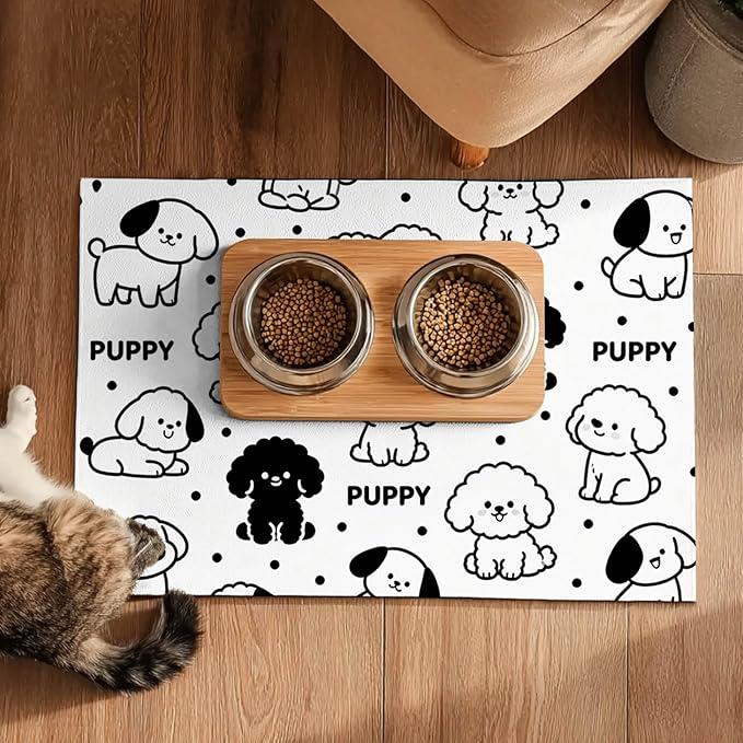Puppy Pattern Pet Feeding Mat 24x16 Inch Cute Pet Feeding Area Mat Pet Food Mat Pet Mats for Food and Water Dog Mat for Food and Water Indoor Feeding Corner Kitchen Floor Decor