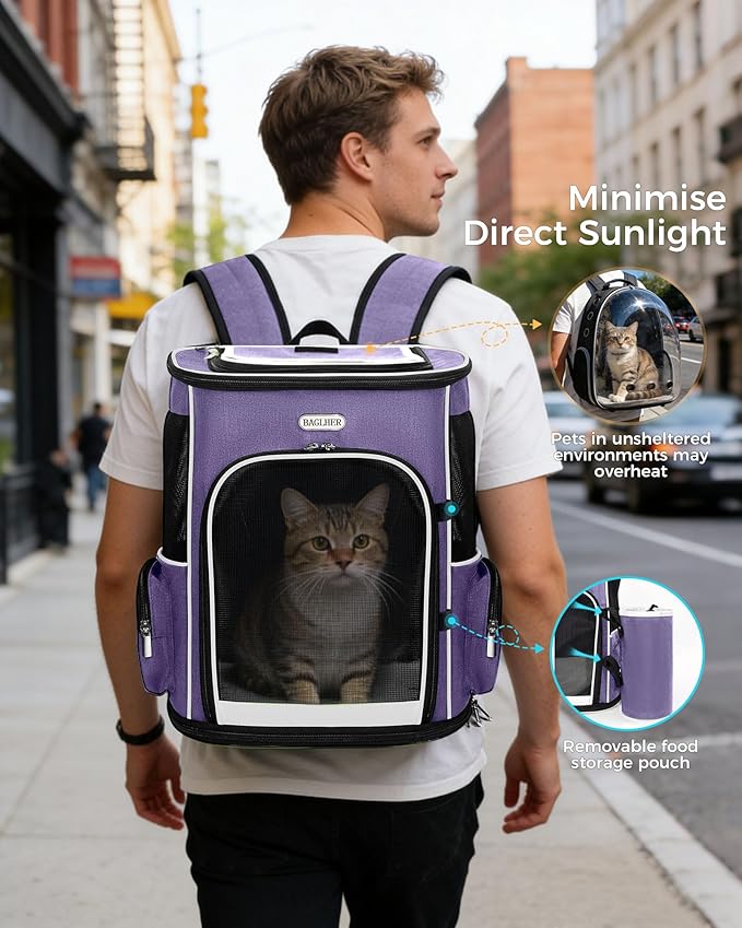 BAGLHER Expandable Cat Carrier Backpacks, Retractable Pet Carrier Backpack for Small Dogs & Cats with Breathable Mesh, Travel Bag Up to 18 Lbs for Hiking Camping Outdoor - Purple