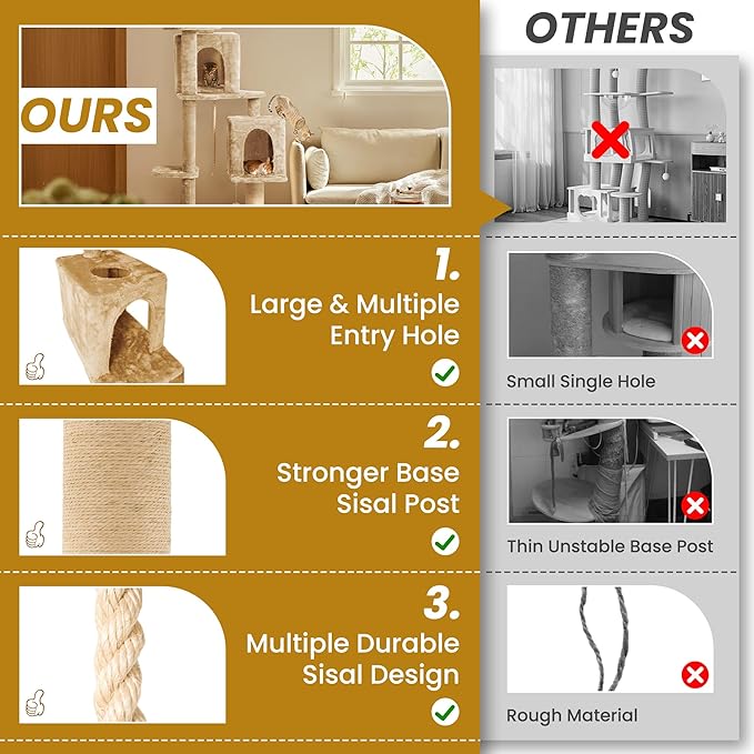 56-Inch Cat Tree for Large Cats, Multi-Level Cat Tower with 2 Condos, Sisal Scratching Posts & Hanging Toys – Sturdy Cat Furniture for Indoor Cats, Space-Saving Design (Easy Assembly), Beige