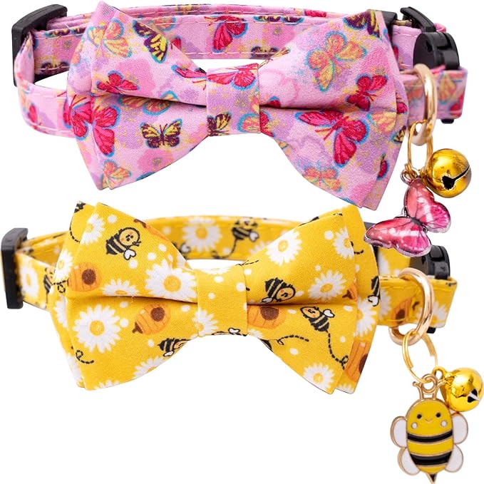 Faygarsle 2 Pack Breakaway Bowtie Cat Collar with Bell for Male Female Cats Soft Fancy Yellow Pink Bee Butterflies Pattern Spring Summer for Boy Girl Cats