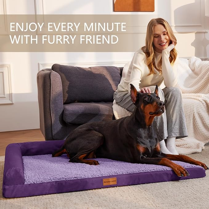 Patas Lague Orthopedic Jumbo Dog Bed for Extra Large Dogs 56''X40'', Waterproof L Bolster Pet Sofa Beds with Removable Washable Cover, Soft Comfortable Pet Couch Crate Mat with Nonskid Bottom, Purple