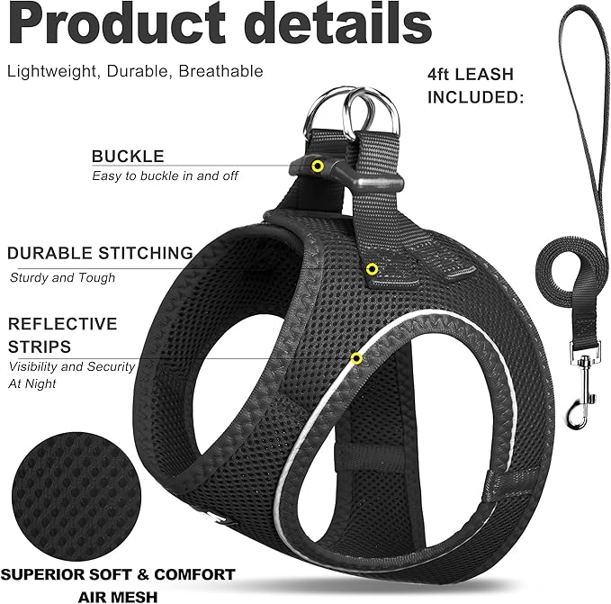 Fida Comfy Dog Harness with Leash, Cat Vest Harness Escape Proof, Breathable Lightweight Soft Mesh, Adjustable Reflective Step-in Harness for Puppy Toy Breeds & Extra-Small Pet (XXS, Black)