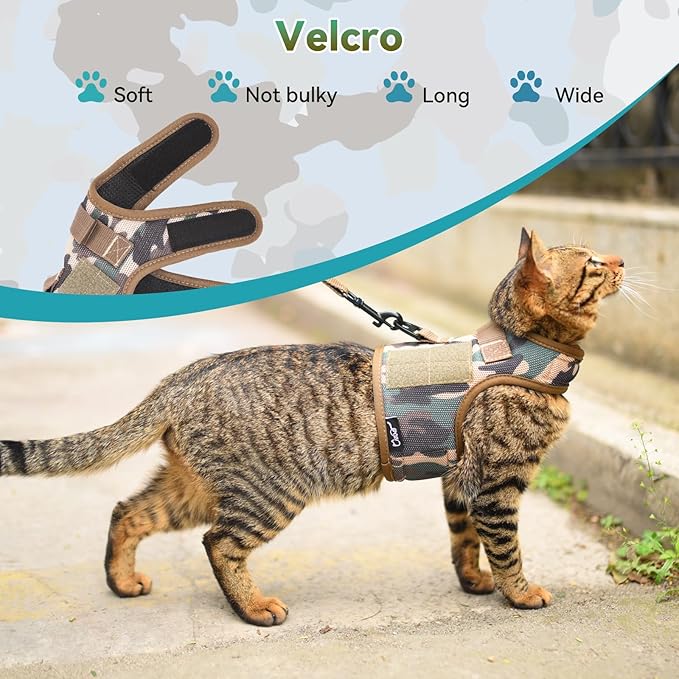 Tactical Kitty Harness and Leash for Walking Escape Proof Breathable Mesh Fabric, Green Jungle Camo, Small, Adjustable Cat Walking Jackets, Padded Stylish Cat Vest