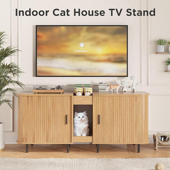 Double Litter Box Enclosure for 2 Cats, 55" Litter Box Furniture Hidden with Cat Scratch Pad, Large Indoor Cat House with Double Room, Wooden Litter Box Cabinet, TV Stand, Natural