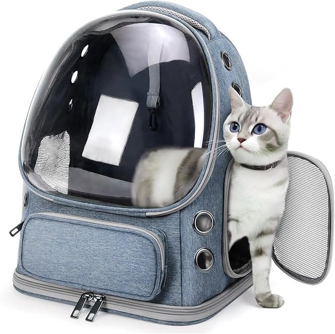 Cat Backpack Carrier, Breathable Cat Bubble Backpack for Kitty & Small Dog, Large Space Cat Carrier Backpack, Foldable Airline Approved Carrier for Trip Vet Travel up to 18lbs（Blue）