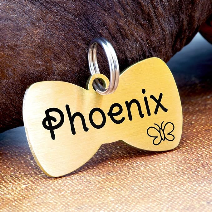 Ultra Joys Cat ID Tag Personalized Pet Tags, Durable Stainless Steel Small Pet Mini Dog Cat Tag Lightweight - Bowtie Tag in Gold