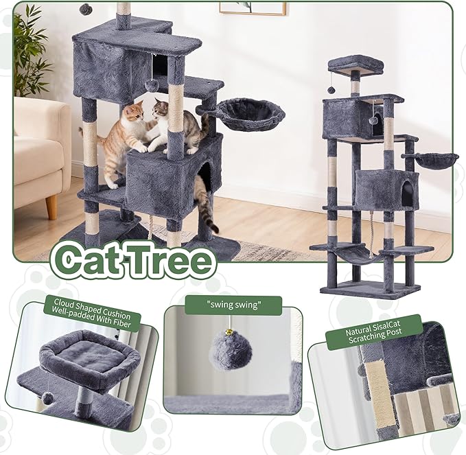 Cat Tree for Indoor Cats, 66 Inches Cat Tower with Scratching Post, Multi-Level Climbing Tree Cat House Padded Plush Perch, Cat Condo Activity Center with Pompoms, Kittens Pet Play House, Dark Gray