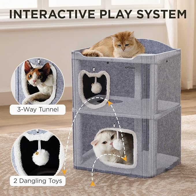 Joydeco Cat House for Indoor Cats, 2 Story Scratch Resistant Felt Cat Condo, Hideaway Pet Cave Bed with Fluffy Ball and Tunnel for Kitten, Small Dogs, Rabbits, 17.7 x 13.3 x 24, Grey