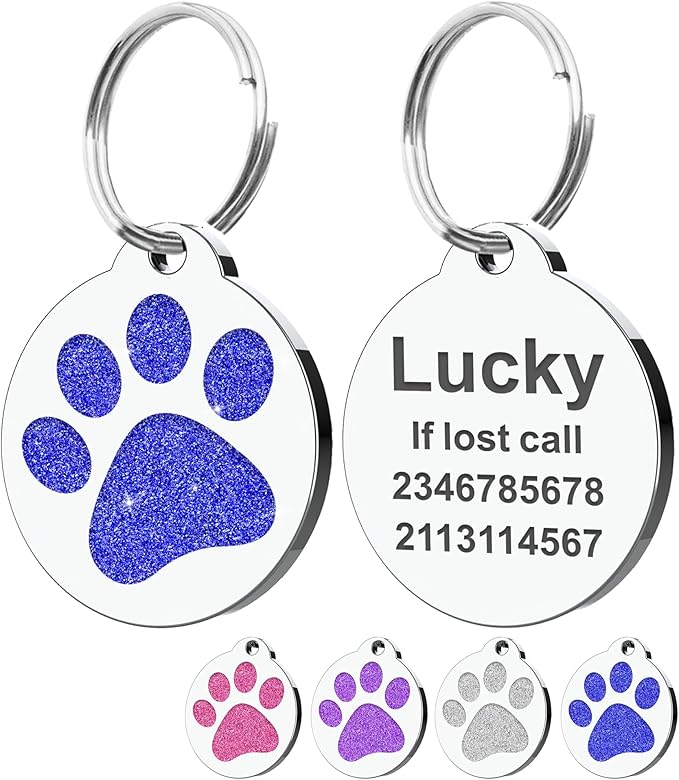 Dog Tags Personalized for Pets Dog Name Tags Personalized Dog Tag Engraved with Any Name & Text Custom Dog ID Tags Glitter Bone ID Tag for Puppy Cat (Blue-Round, L)
