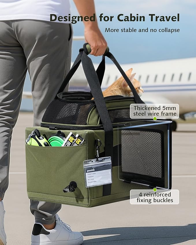 Pecute Expandable Pet Carrier Airline Approved Dog Cat Carrier, Breathable Soft-Sided with Locking Zippers, Pet Travel Bag for Small Dog Cat Anti-Scratch Mesh Leakproof Pee Pad (Dark Green)