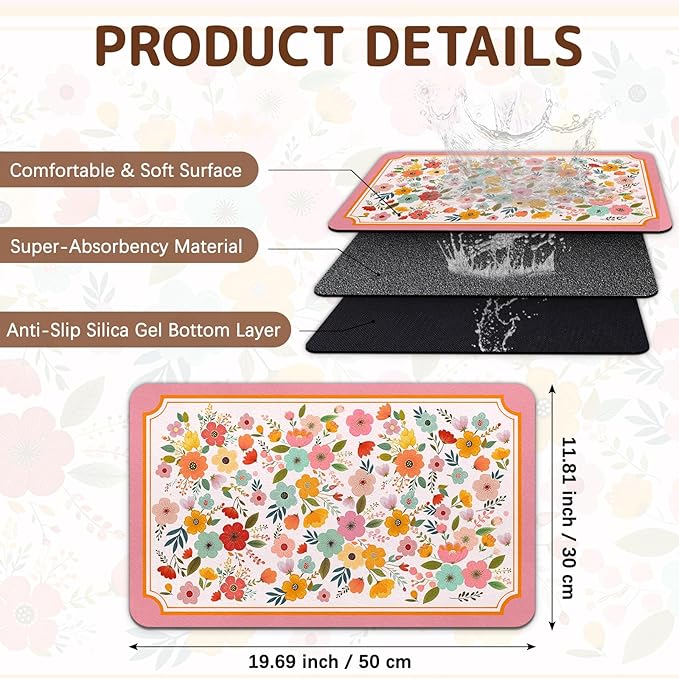 Dog Food Mat for Bowls, Absorbent Quick Dry Dog Cat Mats for Food and Water, Non-Slip Backing Pet Mat Pet Supplies - Pink Floral Pattern