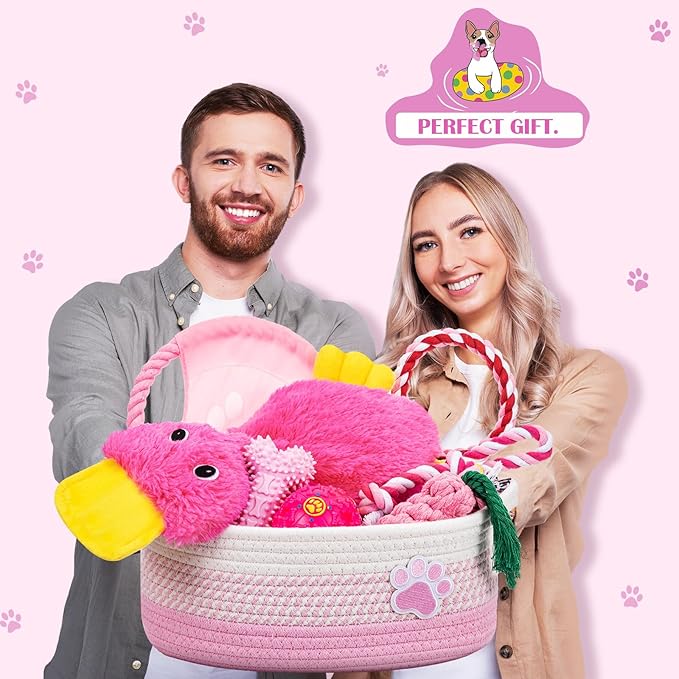 Zopeal Puppy Dog Toy Gift Storage Basket with Dog Toys Set Chew Toys Birthday Gift Basket Teething Interactive Squeaky Duck for Teething Small Medium Large Dogs(Pink)