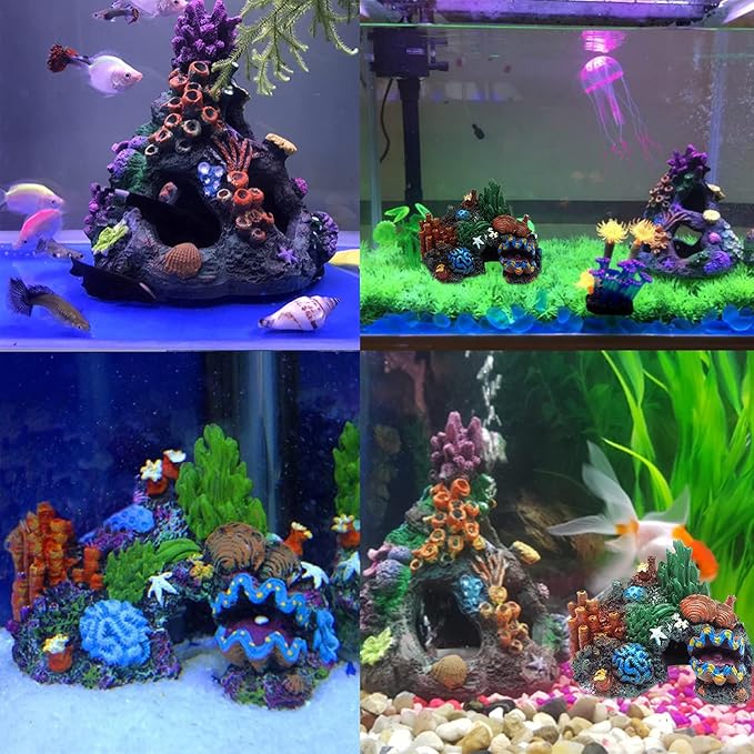 Tfwadmx Aquarium Coral Decoration Resin Fish Tank Hiding Mountain Cave Betta Hideaway House Rock Reef Ornament, 2 Pack.