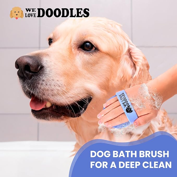 Dog Grooming Bath Brush, Pet Rubber Brush for Shower Scrubbing & Soothing Massage, Ideal for Long & Short Haired Dogs and Cats, Essential Puppy Accessories, Short-Pins [We Love Doodles]