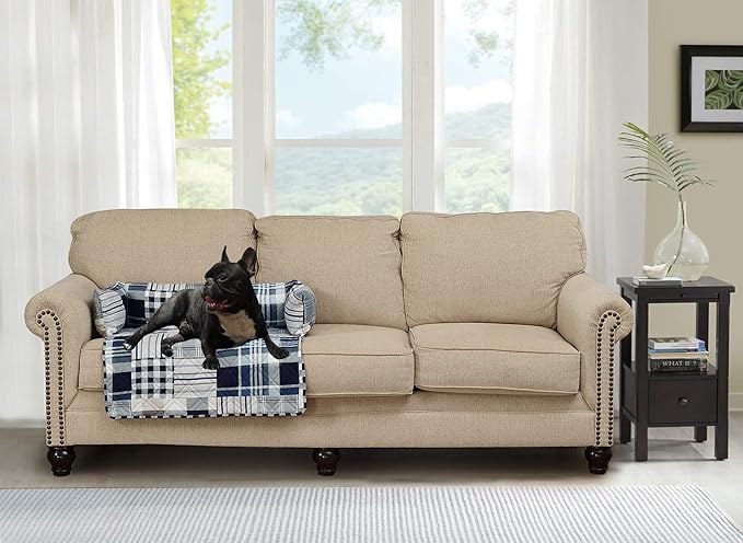 Brilliant Sunshine Quilted Calming Dog Bed Mat, Removable Washable Cover, Cushion Protector and Couch Covers for Dogs, Pets, Cats, Medium, Blue Plaids and Stripes Patchwork