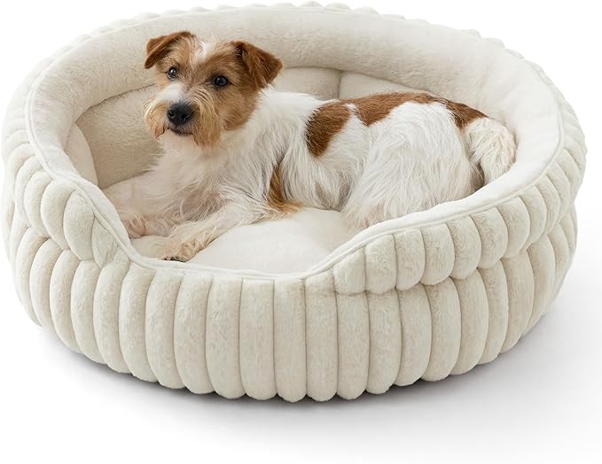 Bedsure ComfyFleece™ Medium Dog Bed, Washable Cute Pet Bed, Super Soft Corduroy Round Cat Bed with Anti-Slip Bottom, 26''x26''x9'', Cream