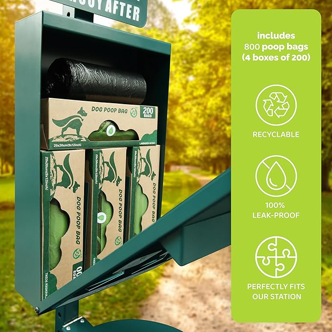 Hands-Free Dog Waste Station Outdoor with Pedal - Dog Waste Disposal System & Bag Dispenser for Park & Trails - Rust Proof Doggie Station - Night Glowing Sign | 800 Pet Waste Bags & 100 Can Liners