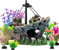 8Pcs Fish Tank Decorations Set Sunken Ship Decoration,Resin Material Fish Tank Accessories Accessories for Natural Look, Aquarium Shipwreck x 1pc, Aquatic Plants x 7pcs