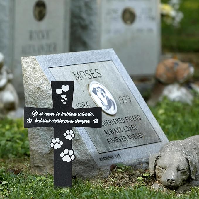 BUoonyer Spanish Cemetery Decorations for Grave - Spanish Pet Metal Memorial Grave Markers, Dog Cat Cross Garden Sympathy Plaque Stake, Remembrance Graveside Burial Decor Sign for Outdoor Outside Yard