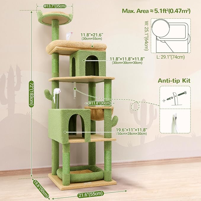 Globlazer Heavy Duty Cactus Cat Tree for Large Cats, Sturdy 72in Maine Coon Cat Tree for Large 20 lbs+ Cactus Cat Tower for Adult Biggest Cats with 6 Scratching Posts, Hammock, S72, Green